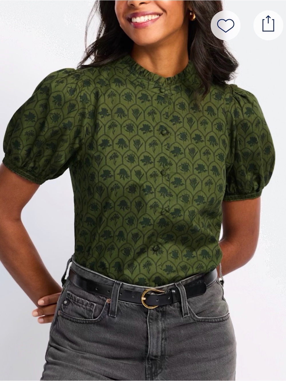 Green Puff Sleeve Mock Neck Top